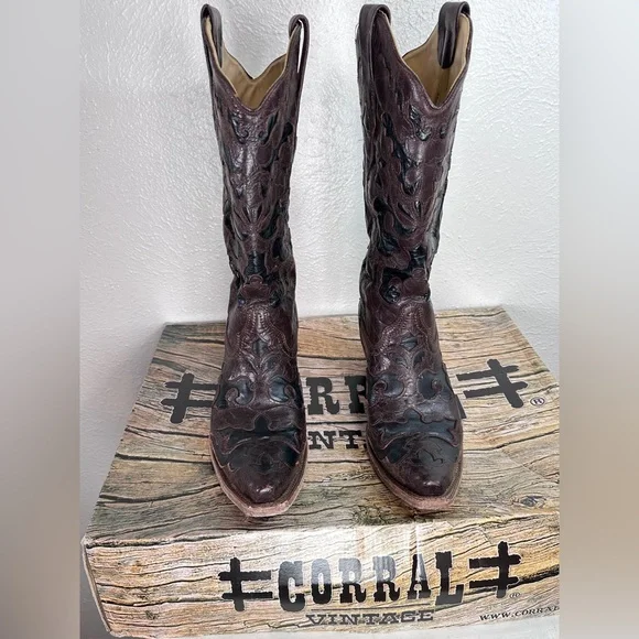 Corral chocolate black vintage goat overlay pointed toe cowgirl boots size 8M - Picture 4 of 8
